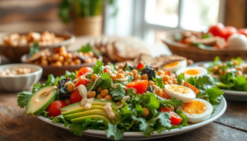 A high-protein salad feast, meticulously arranged on a rustic wooden table. In the foreground, a vibrant medley of leafy greens, sliced avocado, and juicy tomatoes, drizzled with a creamy tahini dressing. In the middle ground, a scattering of roasted chickpeas, grilled chicken, and hard-boiled eggs, adding layers of texture and protein. The background features a backdrop of natural light, casting a warm, inviting glow over the scene. The overall composition exudes a sense of health, nourishment, and balanced, wholesome indulgence. A high-protein salad feast, meticulously arranged on a rustic wooden table. In the foreground, a vibrant medley of leafy greens, sliced avocado, and juicy tomatoes, drizzled with a creamy tahini dressing. In the middle ground, a scattering of roasted chickpeas, grilled chicken, and hard-boiled eggs, adding layers of texture and protein. The background features a backdrop of natural light, casting a warm, inviting glow over the scene. The overall composition exudes a sense of health, nourishment, and balanced, wholesome indulgence.
