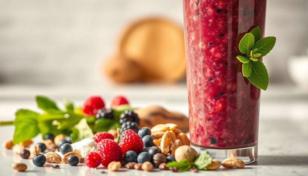 A high-protein smoothie with vibrant hues and a rich, creamy texture, set against a softly blurred background. In the foreground, a tall glass brimming with a dense blend of fresh berries, leafy greens, nuts, and a scoop of protein powder, illuminated by warm, natural lighting. The mid-ground features a selection of the smoothie's ingredients, artfully arranged to showcase their individual textures and colors. In the background, a minimalist kitchen counter or table, with clean lines and neutral tones, creating a calm, balanced atmosphere. The overall composition conveys a sense of health, vitality, and indulgence, perfectly suited to illustrate a section on protein-rich smoothie recipes for a balanced diet. A high-protein smoothie with vibrant hues and a rich, creamy texture, set against a softly blurred background. In the foreground, a tall glass brimming with a dense blend of fresh berries, leafy greens, nuts, and a scoop of protein powder, illuminated by warm, natural lighting. The mid-ground features a selection of the smoothie's ingredients, artfully arranged to showcase their individual textures and colors. In the background, a minimalist kitchen counter or table, with clean lines and neutral tones, creating a calm, balanced atmosphere. The overall composition conveys a sense of health, vitality, and indulgence, perfectly suited to illustrate a section on protein-rich smoothie recipes for a balanced diet.
