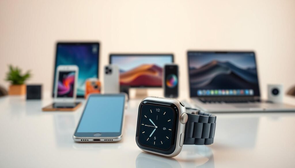 A high-quality, detailed image of the Apple Watch seamlessly connecting and syncing with various devices, including smartphones, tablets, and computers. The watch is prominently displayed in the foreground, its sleek design and vibrant display illuminated by soft, warm lighting. In the middle ground, various electronic devices such as iPhones, iPads, and MacBooks are arranged, effortlessly communicating and exchanging data with the Apple Watch. The background features a clean, minimalist office or workspace setting, emphasizing the harmony and integration between the Apple Watch and the user's digital ecosystem. The overall composition conveys a sense of connectivity, efficiency, and the Apple Watch's role as a central hub for seamless device integration. A high-quality, detailed image of the Apple Watch seamlessly connecting and syncing with various devices, including smartphones, tablets, and computers. The watch is prominently displayed in the foreground, its sleek design and vibrant display illuminated by soft, warm lighting. In the middle ground, various electronic devices such as iPhones, iPads, and MacBooks are arranged, effortlessly communicating and exchanging data with the Apple Watch. The background features a clean, minimalist office or workspace setting, emphasizing the harmony and integration between the Apple Watch and the user's digital ecosystem. The overall composition conveys a sense of connectivity, efficiency, and the Apple Watch's role as a central hub for seamless device integration.
