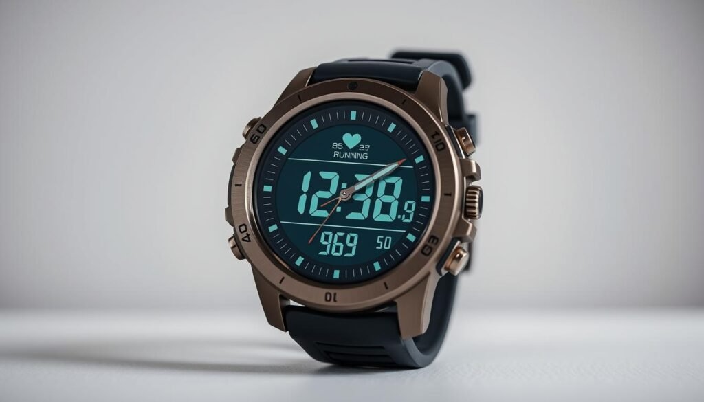 A high-quality digital sports watch with a sleek, durable design. Prominently featured is the large, clear analog-style display showing the time, heart rate, and other essential fitness metrics. The watch is shown against a neutral background, with clean lines and a minimalist aesthetic. Soft, diffused lighting illuminates the watch's polished metallic accents, creating a sense of sophistication. The camera angle showcases the watch's versatility, capturing its functionality for both running and swimming activities. An overall impression of a capable, multifunctional timepiece suitable for active lifestyles. A high-quality digital sports watch with a sleek, durable design. Prominently featured is the large, clear analog-style display showing the time, heart rate, and other essential fitness metrics. The watch is shown against a neutral background, with clean lines and a minimalist aesthetic. Soft, diffused lighting illuminates the watch's polished metallic accents, creating a sense of sophistication. The camera angle showcases the watch's versatility, capturing its functionality for both running and swimming activities. An overall impression of a capable, multifunctional timepiece suitable for active lifestyles.