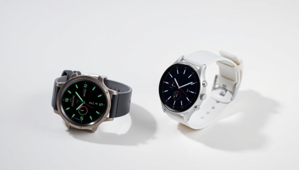A high-quality photograph of the latest Garmin and Apple smartwatch models displayed on a clean, minimalist white surface. The watches are positioned side-by-side, showcasing their distinctive designs and features. Soft, even lighting illuminates the products, highlighting their sleek, premium build and vibrant display screens. The background is simple and uncluttered, allowing the watches to be the central focus. The image captures the elegance and technical capabilities of these two leading wearable device brands, providing a clear visual comparison for the audience. A high-quality photograph of the latest Garmin and Apple smartwatch models displayed on a clean, minimalist white surface. The watches are positioned side-by-side, showcasing their distinctive designs and features. Soft, even lighting illuminates the products, highlighting their sleek, premium build and vibrant display screens. The background is simple and uncluttered, allowing the watches to be the central focus. The image captures the elegance and technical capabilities of these two leading wearable device brands, providing a clear visual comparison for the audience.