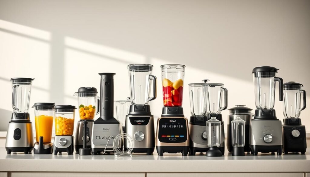 A high-quality, visually appealing image showcasing a diverse array of modern electric blenders in a clean, well-lit kitchen setting. The blenders should be prominently displayed on a sleek countertop, with a minimalist background that allows the appliances to take center stage. Incorporate a range of blender styles, including immersion, stand, and personal-sized models, each with distinctive designs, colors, and features. Capture the blenders from various angles, highlighting their controls, jars, and accessories to provide a comprehensive overview of the available options. The lighting should be soft and natural, creating a warm, inviting atmosphere that enhances the appliances' appeal. Ensure the image conveys a sense of high-quality, functional kitchen equipment suitable for a contemporary, sophisticated cooking environment. A high-quality, visually appealing image showcasing a diverse array of modern electric blenders in a clean, well-lit kitchen setting. The blenders should be prominently displayed on a sleek countertop, with a minimalist background that allows the appliances to take center stage. Incorporate a range of blender styles, including immersion, stand, and personal-sized models, each with distinctive designs, colors, and features. Capture the blenders from various angles, highlighting their controls, jars, and accessories to provide a comprehensive overview of the available options. The lighting should be soft and natural, creating a warm, inviting atmosphere that enhances the appliances' appeal. Ensure the image conveys a sense of high-quality, functional kitchen equipment suitable for a contemporary, sophisticated cooking environment.