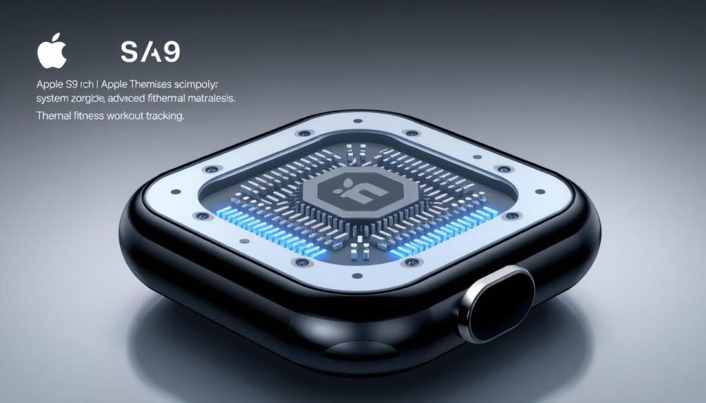 A high-resolution, detailed illustration of the Apple Watch S9 processor, showcasing its advanced architecture and performance capabilities. The image should have a clean, technical aesthetic, with a focus on the processor's intricate design and heat dissipation features. Depict the processor in a sleek, modern environment, with a neutral color palette and subtle lighting to emphasize its precision engineering. Capture the processor from multiple angles, highlighting its key components and the advanced thermal management system that enables the Apple Watch's robust fitness and workout tracking features. The overall composition should convey a sense of power, efficiency, and the cutting-edge technology that powers the latest Apple Watch model. A high-resolution, detailed illustration of the Apple Watch S9 processor, showcasing its advanced architecture and performance capabilities. The image should have a clean, technical aesthetic, with a focus on the processor's intricate design and heat dissipation features. Depict the processor in a sleek, modern environment, with a neutral color palette and subtle lighting to emphasize its precision engineering. Capture the processor from multiple angles, highlighting its key components and the advanced thermal management system that enables the Apple Watch's robust fitness and workout tracking features. The overall composition should convey a sense of power, efficiency, and the cutting-edge technology that powers the latest Apple Watch model.