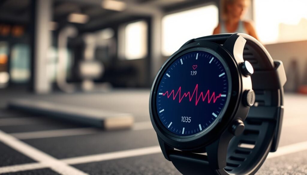A high-resolution, detailed image of a heart rate monitoring sports watch. The watch face is prominently displayed, with a clean and minimalist design showcasing the heart rate graph and numerical readout. The watch is positioned against a blurred, out-of-focus background featuring a fitness-themed environment, such as a gym, running track, or outdoor landscape. Soft, diffused lighting illuminates the watch, creating a modern, technical aesthetic. The image conveys a sense of precision, performance, and the importance of monitoring one's physical activity and heart health. A high-resolution, detailed image of a heart rate monitoring sports watch. The watch face is prominently displayed, with a clean and minimalist design showcasing the heart rate graph and numerical readout. The watch is positioned against a blurred, out-of-focus background featuring a fitness-themed environment, such as a gym, running track, or outdoor landscape. Soft, diffused lighting illuminates the watch, creating a modern, technical aesthetic. The image conveys a sense of precision, performance, and the importance of monitoring one's physical activity and heart health.