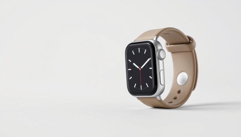 A high-resolution, detailed image of the Apple Watch Series 7 designed for sports and fitness activities. The watch features a sleek, aluminum case with a vibrant, always-on Retina display that is easy to read during workouts. The strap is made of a durable, sweat-resistant fluoroelastomer material in a neutral color that complements the watch's minimalist aesthetic. The watch is shown in a clean, well-lit studio setting with a plain, white background, allowing the device to be the central focus. The lighting is soft and diffused, highlighting the watch's premium build quality and attention to detail. The overall composition conveys a sense of sophistication, functionality, and suitability for an active lifestyle. A high-resolution, detailed image of the Apple Watch Series 7 designed for sports and fitness activities. The watch features a sleek, aluminum case with a vibrant, always-on Retina display that is easy to read during workouts. The strap is made of a durable, sweat-resistant fluoroelastomer material in a neutral color that complements the watch's minimalist aesthetic. The watch is shown in a clean, well-lit studio setting with a plain, white background, allowing the device to be the central focus. The lighting is soft and diffused, highlighting the watch's premium build quality and attention to detail. The overall composition conveys a sense of sophistication, functionality, and suitability for an active lifestyle.
