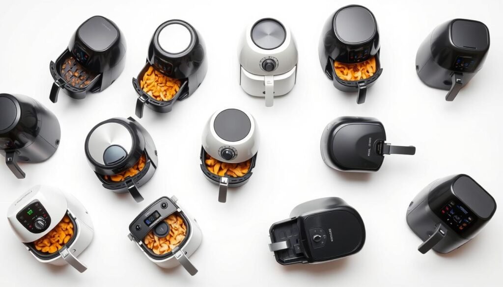 A high-resolution, detailed image of various types of air fryers neatly arranged on a white background. The air fryers are shown from multiple angles, highlighting their sleek, modern designs with different shapes, sizes, and control panels. The lighting is soft and diffused, creating a clean, professional look. The image conveys a sense of functionality and versatility, showcasing the diversity of air fryer options available in the market. A high-resolution, detailed image of various types of air fryers neatly arranged on a white background. The air fryers are shown from multiple angles, highlighting their sleek, modern designs with different shapes, sizes, and control panels. The lighting is soft and diffused, creating a clean, professional look. The image conveys a sense of functionality and versatility, showcasing the diversity of air fryer options available in the market.