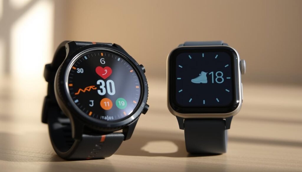 A high-resolution, detailed image showcasing the health and fitness features of the Garmin and Apple smartwatches. The foreground displays the watches side-by-side, with their screens prominently displaying heart rate, step count, and activity tracking data. The middle ground features a clean, minimalist background with muted colors to emphasize the watches. The lighting is natural and diffused, creating a soft, inviting atmosphere. The angle is slightly elevated, allowing for a clear view of the watch faces and their interfaces. The overall composition highlights the advanced health monitoring capabilities of these premium wearable devices. A high-resolution, detailed image showcasing the health and fitness features of the Garmin and Apple smartwatches. The foreground displays the watches side-by-side, with their screens prominently displaying heart rate, step count, and activity tracking data. The middle ground features a clean, minimalist background with muted colors to emphasize the watches. The lighting is natural and diffused, creating a soft, inviting atmosphere. The angle is slightly elevated, allowing for a clear view of the watch faces and their interfaces. The overall composition highlights the advanced health monitoring capabilities of these premium wearable devices.