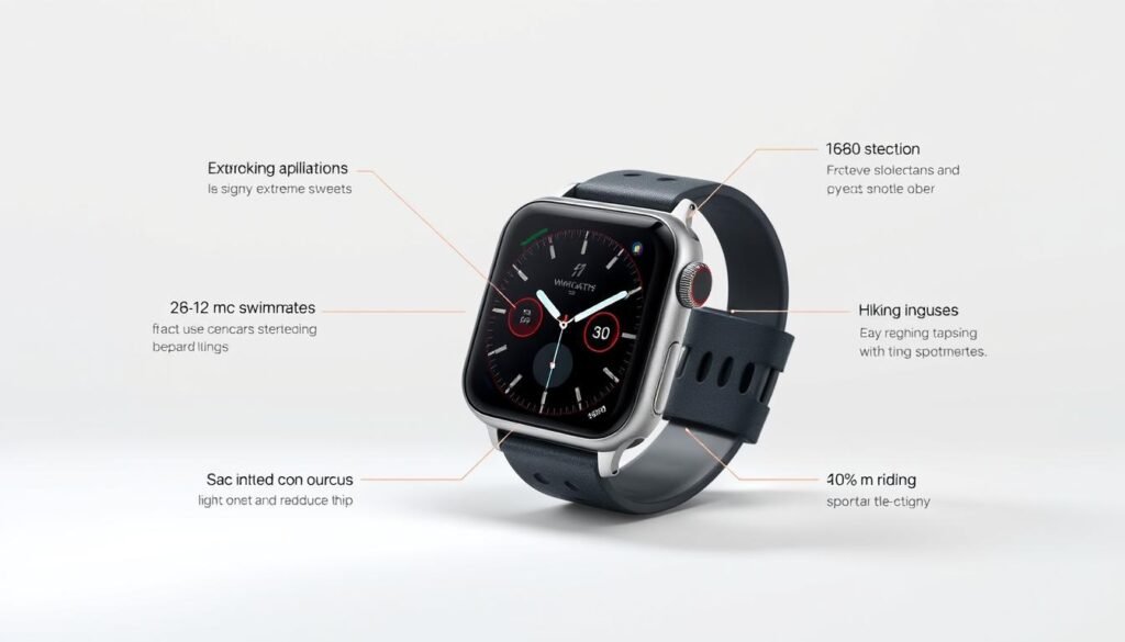 A highly detailed, photorealistic illustration of the Apple Watch Ultra 2 showcasing its advanced health and fitness features. The watch is prominently displayed in the center, surrounded by a clean, minimalist background that highlights its sleek design. The image captures the rugged and durable construction of the watch, as well as its various sensors and tracking capabilities for activities like swimming, hiking, and extreme sports. The lighting is soft and natural, emphasizing the high-quality materials and attention to detail. The overall mood is one of sophistication, technology, and a commitment to an active, adventurous lifestyle. A highly detailed, photorealistic illustration of the Apple Watch Ultra 2 showcasing its advanced health and fitness features. The watch is prominently displayed in the center, surrounded by a clean, minimalist background that highlights its sleek design. The image captures the rugged and durable construction of the watch, as well as its various sensors and tracking capabilities for activities like swimming, hiking, and extreme sports. The lighting is soft and natural, emphasizing the high-quality materials and attention to detail. The overall mood is one of sophistication, technology, and a commitment to an active, adventurous lifestyle.