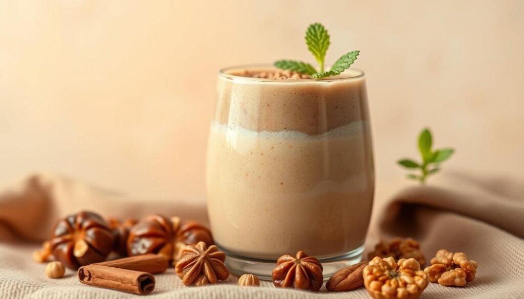 A luscious smoothie blend of golden dates, crunchy walnuts, and creamy almond milk, artfully arranged against a backdrop of neutral tones. Soft, warm lighting casts a cozy glow, creating an inviting and natural atmosphere. The glass vessel showcases the smooth, thick texture of the smoothie, accented by the earthy hues of the dates and the contrast of the toasted nuts. The composition is balanced, with the smoothie taking center stage and the garnishes of cinnamon and a sprig of mint adding subtle details. This image captures the essence of a nourishing, energy-boosting smoothie made with wholesome, minimally processed ingredients. A luscious smoothie blend of golden dates, crunchy walnuts, and creamy almond milk, artfully arranged against a backdrop of neutral tones. Soft, warm lighting casts a cozy glow, creating an inviting and natural atmosphere. The glass vessel showcases the smooth, thick texture of the smoothie, accented by the earthy hues of the dates and the contrast of the toasted nuts. The composition is balanced, with the smoothie taking center stage and the garnishes of cinnamon and a sprig of mint adding subtle details. This image captures the essence of a nourishing, energy-boosting smoothie made with wholesome, minimally processed ingredients.