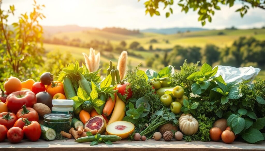A lush, serene garden setting with an abundance of natural, organic weight loss products arranged in the foreground. Fresh fruits, vegetables, herbs, and other superfoods are displayed artfully, showcasing their vibrant colors and textures. Soft, natural lighting bathes the scene, creating a warm, inviting atmosphere. The background features a peaceful landscape with rolling hills, a clear blue sky, and a sense of tranquility. The overall composition emphasizes the simplicity and purity of these natural weight loss solutions, conveying a message of holistic, sustainable health and wellness. A lush, serene garden setting with an abundance of natural, organic weight loss products arranged in the foreground. Fresh fruits, vegetables, herbs, and other superfoods are displayed artfully, showcasing their vibrant colors and textures. Soft, natural lighting bathes the scene, creating a warm, inviting atmosphere. The background features a peaceful landscape with rolling hills, a clear blue sky, and a sense of tranquility. The overall composition emphasizes the simplicity and purity of these natural weight loss solutions, conveying a message of holistic, sustainable health and wellness.