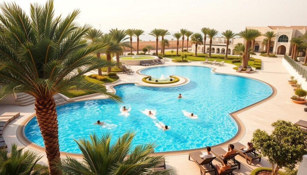 A lush, sun-dappled outdoor pool complex in the heart of Saudi Arabia, surrounded by verdant palm trees and modern architectural elements. In the foreground, swimmers glide gracefully through the crystal-clear azure waters, while in the middle ground, families and friends relax on comfortable poolside loungers. The background features a beautifully landscaped garden, with a mix of local flora and contemporary water features. The scene is bathed in warm, golden light, creating a serene and inviting atmosphere, showcasing the unique blend of traditional and modern elements that characterize swimming facilities in the Kingdom. A lush, sun-dappled outdoor pool complex in the heart of Saudi Arabia, surrounded by verdant palm trees and modern architectural elements. In the foreground, swimmers glide gracefully through the crystal-clear azure waters, while in the middle ground, families and friends relax on comfortable poolside loungers. The background features a beautifully landscaped garden, with a mix of local flora and contemporary water features. The scene is bathed in warm, golden light, creating a serene and inviting atmosphere, showcasing the unique blend of traditional and modern elements that characterize swimming facilities in the Kingdom.