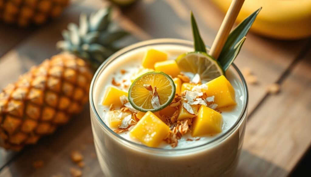 A lush, tropical smoothie bowl featuring a vibrant blend of fresh pineapple, mango, and banana, nestled in a creamy, dairy-free coconut milk base. Garnished with a sprinkle of toasted coconut flakes and a slice of lime, creating a visually stunning and nourishing treat. The scene is bathed in warm, golden light, lending a soothing, inviting atmosphere. Captured from a high angle, showcasing the smoothie's alluring texture and vibrant colors, encouraging the viewer to savor its refreshing, low-calorie goodness. A lush, tropical smoothie bowl featuring a vibrant blend of fresh pineapple, mango, and banana, nestled in a creamy, dairy-free coconut milk base. Garnished with a sprinkle of toasted coconut flakes and a slice of lime, creating a visually stunning and nourishing treat. The scene is bathed in warm, golden light, lending a soothing, inviting atmosphere. Captured from a high angle, showcasing the smoothie's alluring texture and vibrant colors, encouraging the viewer to savor its refreshing, low-calorie goodness.