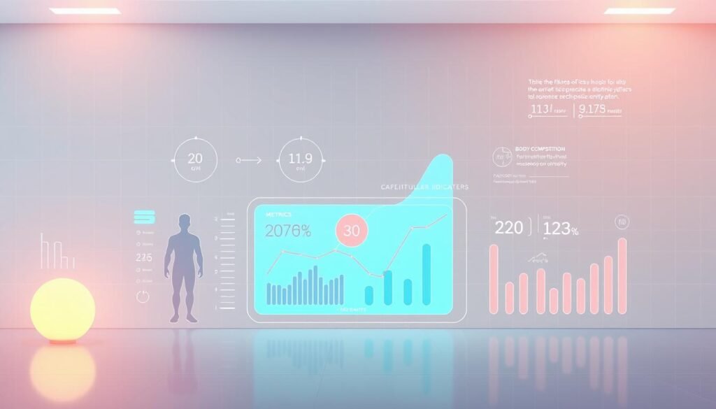 A minimalist digital illustration depicting the key fitness metrics for measuring health and physical performance. In the foreground, a sleek graphical interface showcases metrics like body composition, cardiovascular fitness, and metabolic health. The midground features stylized icons and infographic elements, conveying the interconnected nature of these indicators. The background adopts a clean, data-driven aesthetic with subtle grid patterns and digital textures, evoking a sense of precision and measurability. Warm lighting accentuates the dynamic visualizations, creating an aspirational, technology-driven atmosphere. The overall composition is balanced, modern, and visually engaging, suitable for illustrating the "Fitness Indicators" section of the article. A minimalist digital illustration depicting the key fitness metrics for measuring health and physical performance. In the foreground, a sleek graphical interface showcases metrics like body composition, cardiovascular fitness, and metabolic health. The midground features stylized icons and infographic elements, conveying the interconnected nature of these indicators. The background adopts a clean, data-driven aesthetic with subtle grid patterns and digital textures, evoking a sense of precision and measurability. Warm lighting accentuates the dynamic visualizations, creating an aspirational, technology-driven atmosphere. The overall composition is balanced, modern, and visually engaging, suitable for illustrating the "Fitness Indicators" section of the article.