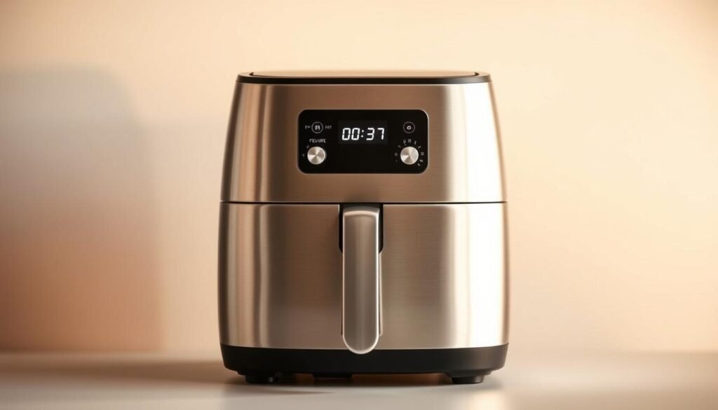 A modern air fryer set against a sleek, minimalist backdrop. The appliance is prominently displayed, its brushed metal exterior gleaming under warm, directional lighting. The air fryer's control panel is the focal point, with dials and buttons for precise temperature adjustment. The display shows the current temperature setting, inviting the viewer to imagine fine-tuning the heat for their desired culinary creation. The background is a clean, neutral palette, allowing the air fryer to take center stage and showcase its functional elegance. This image captures the precision and control needed to achieve perfectly cooked results when using an air fryer. A modern air fryer set against a sleek, minimalist backdrop. The appliance is prominently displayed, its brushed metal exterior gleaming under warm, directional lighting. The air fryer's control panel is the focal point, with dials and buttons for precise temperature adjustment. The display shows the current temperature setting, inviting the viewer to imagine fine-tuning the heat for their desired culinary creation. The background is a clean, neutral palette, allowing the air fryer to take center stage and showcase its functional elegance. This image captures the precision and control needed to achieve perfectly cooked results when using an air fryer.