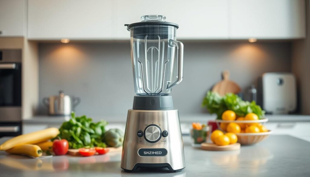 A modern kitchen countertop with a sleek, stainless steel blender of appropriate capacity for a family-sized household. The blender stands prominently in the foreground, its gleaming body and controls illuminated by soft, diffused lighting that creates a warm, inviting atmosphere. In the middle ground, various fresh ingredients and kitchenware suggest the blender's versatility and suitability for a variety of recipes. The background features muted, neutral-toned cabinetry and appliances, allowing the blender to be the focal point and visually representing the important relationship between appliance size and family needs. A modern kitchen countertop with a sleek, stainless steel blender of appropriate capacity for a family-sized household. The blender stands prominently in the foreground, its gleaming body and controls illuminated by soft, diffused lighting that creates a warm, inviting atmosphere. In the middle ground, various fresh ingredients and kitchenware suggest the blender's versatility and suitability for a variety of recipes. The background features muted, neutral-toned cabinetry and appliances, allowing the blender to be the focal point and visually representing the important relationship between appliance size and family needs.