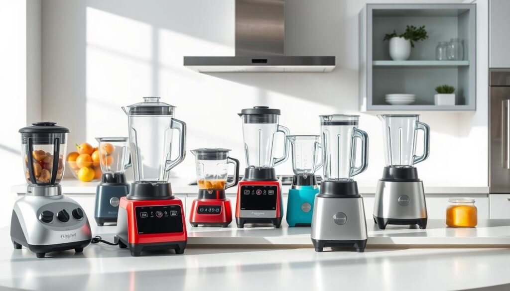 A modern, sleek kitchen counter with an array of high-quality electric blenders showcased against a bright, minimalist backdrop. The blenders feature a range of colors and designs, highlighting their functionality and style. Soft, even lighting illuminates the scene, casting subtle shadows and creating a crisp, professional appearance. The composition emphasizes the task of selecting the perfect blender to suit the needs of a contemporary kitchen, guiding the viewer through the decision-making process. A modern, sleek kitchen counter with an array of high-quality electric blenders showcased against a bright, minimalist backdrop. The blenders feature a range of colors and designs, highlighting their functionality and style. Soft, even lighting illuminates the scene, casting subtle shadows and creating a crisp, professional appearance. The composition emphasizes the task of selecting the perfect blender to suit the needs of a contemporary kitchen, guiding the viewer through the decision-making process.