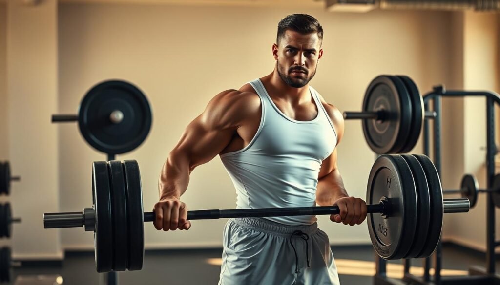 A muscular male figure stands in a well-lit gym, wearing a white tank top and gym shorts. His expression is determined as he grips a barbell loaded with heavy weights. The background features an array of exercise equipment, including a weight rack, a bench press, and a squat rack. The lighting is warm and natural, casting subtle shadows that accentuate the contours of his physique. The overall atmosphere conveys a sense of focus, dedication, and the pursuit of physical transformation. A muscular male figure stands in a well-lit gym, wearing a white tank top and gym shorts. His expression is determined as he grips a barbell loaded with heavy weights. The background features an array of exercise equipment, including a weight rack, a bench press, and a squat rack. The lighting is warm and natural, casting subtle shadows that accentuate the contours of his physique. The overall atmosphere conveys a sense of focus, dedication, and the pursuit of physical transformation.