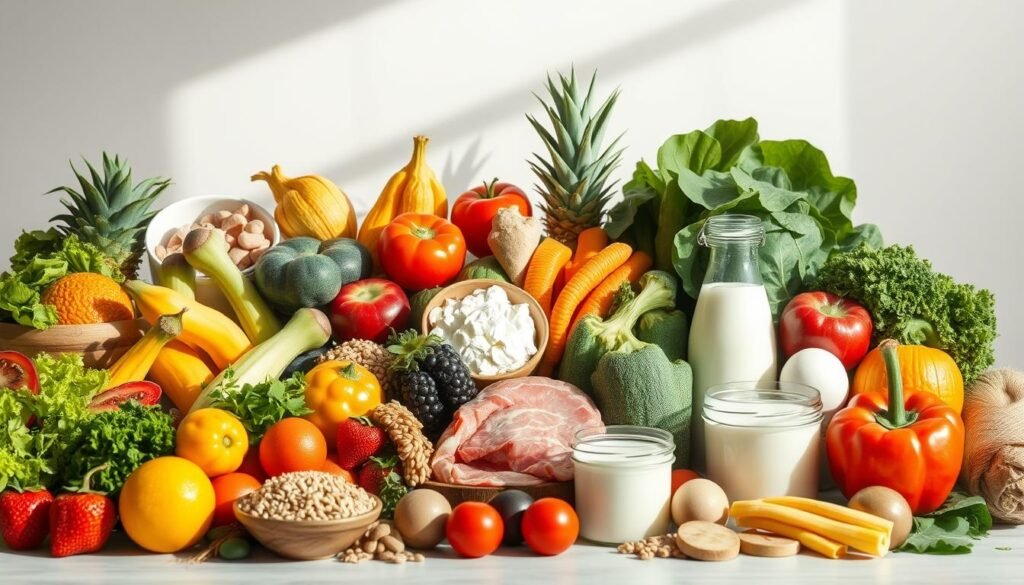 A neatly arranged still life of healthy food alternatives, including colorful fresh fruits and vegetables, whole grains, lean proteins, and dairy products. The scene is bathed in warm, natural lighting that accentuates the vibrant hues and textures of the ingredients. The composition is balanced, with the items thoughtfully placed to create a visually appealing and appetizing display. The overall mood is one of health, wellness, and a sense of abundance, reflecting the idea of sustainable weight loss through a nutritious diet. A neatly arranged still life of healthy food alternatives, including colorful fresh fruits and vegetables, whole grains, lean proteins, and dairy products. The scene is bathed in warm, natural lighting that accentuates the vibrant hues and textures of the ingredients. The composition is balanced, with the items thoughtfully placed to create a visually appealing and appetizing display. The overall mood is one of health, wellness, and a sense of abundance, reflecting the idea of sustainable weight loss through a nutritious diet.