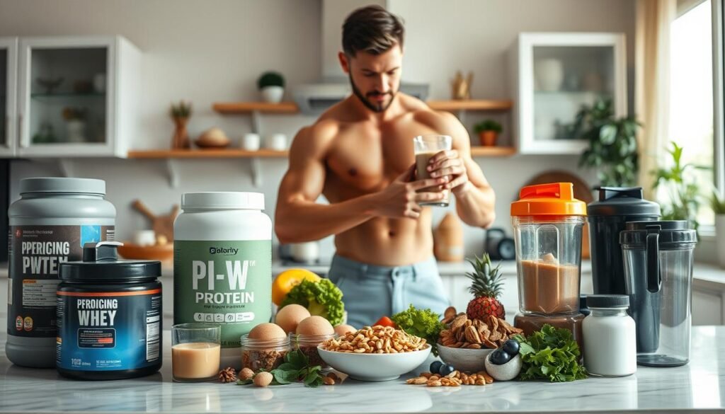 A neatly organized kitchen counter with various protein powder containers, shakers, and blenders in the foreground. In the middle ground, a muscular fitness enthusiast is effortlessly blending a healthy whey protein shake, surrounded by fresh fruits, nuts, and leafy greens. The background features a well-lit, airy space with minimalist decor, conveying a sense of wellness and healthy lifestyle. The lighting is soft and natural, highlighting the vibrant colors and textures of the ingredients. The overall scene evokes a feeling of simplicity, efficiency, and the versatile applications of whey protein in everyday life. A neatly organized kitchen counter with various protein powder containers, shakers, and blenders in the foreground. In the middle ground, a muscular fitness enthusiast is effortlessly blending a healthy whey protein shake, surrounded by fresh fruits, nuts, and leafy greens. The background features a well-lit, airy space with minimalist decor, conveying a sense of wellness and healthy lifestyle. The lighting is soft and natural, highlighting the vibrant colors and textures of the ingredients. The overall scene evokes a feeling of simplicity, efficiency, and the versatile applications of whey protein in everyday life.