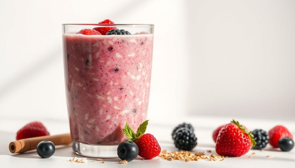 A nutritious oatmeal smoothie in a glass, capturing the essence of a healthy weight loss recipe. Creamy oats blended with fresh berries, a hint of honey, and a sprinkle of cinnamon. Sunlight filters through the glass, casting a warm glow on the vibrant, jewel-toned smoothie. The background is a minimalist, light-colored surface, allowing the smoothie to take center stage. The composition is balanced, with the glass positioned slightly off-center, creating visual interest. The overall mood is one of simplicity, nourishment, and a sense of wellness. A nutritious oatmeal smoothie in a glass, capturing the essence of a healthy weight loss recipe. Creamy oats blended with fresh berries, a hint of honey, and a sprinkle of cinnamon. Sunlight filters through the glass, casting a warm glow on the vibrant, jewel-toned smoothie. The background is a minimalist, light-colored surface, allowing the smoothie to take center stage. The composition is balanced, with the glass positioned slightly off-center, creating visual interest. The overall mood is one of simplicity, nourishment, and a sense of wellness.