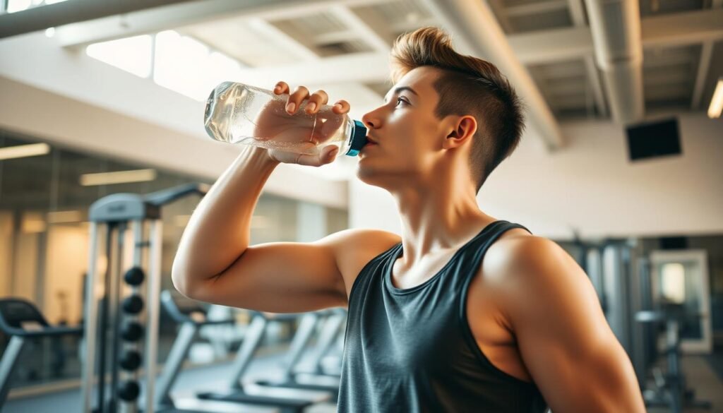 A person hydrating themselves during an exercise routine, standing in a well-lit gym with modern equipment in the background. The person is dressed in comfortable workout attire, taking a break to drink from a water bottle, their face relaxed and focused. The lighting is natural, with warm tones illuminating the scene, creating a sense of energy and vitality. The angle is slightly elevated, capturing the subject in a dynamic pose, emphasizing the importance of staying hydrated during physical activity. A person hydrating themselves during an exercise routine, standing in a well-lit gym with modern equipment in the background. The person is dressed in comfortable workout attire, taking a break to drink from a water bottle, their face relaxed and focused. The lighting is natural, with warm tones illuminating the scene, creating a sense of energy and vitality. The angle is slightly elevated, capturing the subject in a dynamic pose, emphasizing the importance of staying hydrated during physical activity.