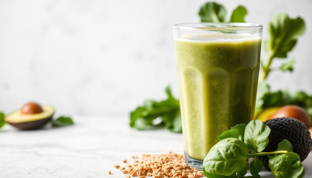 A protein-rich smoothie against a light background, with fresh green ingredients like spinach, kale, and avocado, alongside a glass of the smoothie. The foreground features the blended smoothie with its vibrant color and frothy texture, while the middle ground showcases the healthy ingredients. The background is slightly blurred, creating a sense of depth and focus on the smoothie. The lighting is soft and natural, emphasizing the smoothie's creamy consistency and the vibrant greens. The overall atmosphere is clean, nutritious, and conducive to weight loss and muscle building. A protein-rich smoothie against a light background, with fresh green ingredients like spinach, kale, and avocado, alongside a glass of the smoothie. The foreground features the blended smoothie with its vibrant color and frothy texture, while the middle ground showcases the healthy ingredients. The background is slightly blurred, creating a sense of depth and focus on the smoothie. The lighting is soft and natural, emphasizing the smoothie's creamy consistency and the vibrant greens. The overall atmosphere is clean, nutritious, and conducive to weight loss and muscle building.