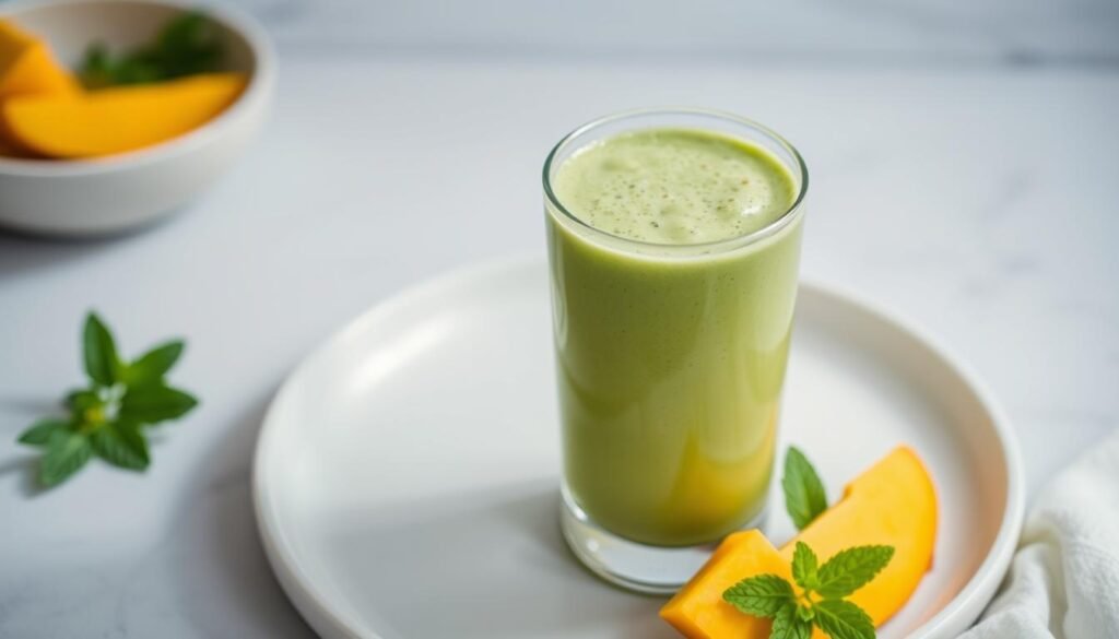 A refreshing and low-calorie matcha and mango smoothie, with a vibrant green color and a smooth, creamy texture. The smoothie is set against a backdrop of natural, minimalist elements - a simple white plate or bowl, a sprig of fresh mint, and perhaps a slice of mango for garnish. The lighting is soft and diffused, creating a calming, inviting atmosphere. The composition emphasizes the simplicity and healthfulness of the drink, with the focus on the smoothie itself. The overall mood is one of wellness, balance, and a sense of rejuvenation. A refreshing and low-calorie matcha and mango smoothie, with a vibrant green color and a smooth, creamy texture. The smoothie is set against a backdrop of natural, minimalist elements - a simple white plate or bowl, a sprig of fresh mint, and perhaps a slice of mango for garnish. The lighting is soft and diffused, creating a calming, inviting atmosphere. The composition emphasizes the simplicity and healthfulness of the drink, with the focus on the smoothie itself. The overall mood is one of wellness, balance, and a sense of rejuvenation.