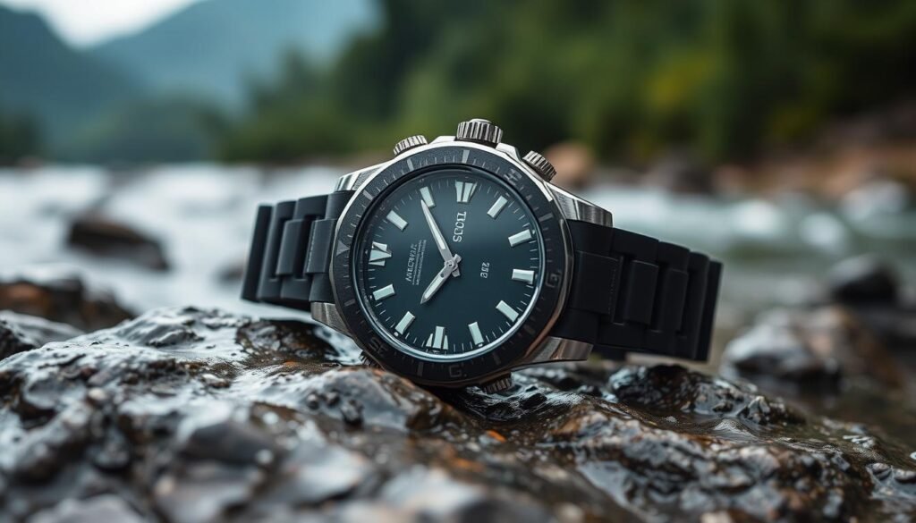A rugged, water-resistant sports watch resting on a rocky, wet surface. The stainless steel case and durable rubber strap glisten under soft, diffused lighting, conveying a sense of athleticism and durability. The watch face features a clean, legible design with clear markers and hands, ideal for athletes who need to quickly check the time during workouts. In the background, a blurred landscape of lush greenery and a flowing river suggests an active, outdoor setting perfect for the watch's water-resistance capabilities. The overall mood is one of resilience, adventure, and reliable performance. A rugged, water-resistant sports watch resting on a rocky, wet surface. The stainless steel case and durable rubber strap glisten under soft, diffused lighting, conveying a sense of athleticism and durability. The watch face features a clean, legible design with clear markers and hands, ideal for athletes who need to quickly check the time during workouts. In the background, a blurred landscape of lush greenery and a flowing river suggests an active, outdoor setting perfect for the watch's water-resistance capabilities. The overall mood is one of resilience, adventure, and reliable performance.