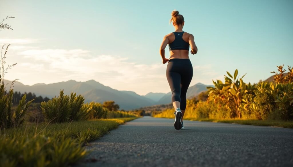 A scenic outdoor landscape depicting a person walking briskly on a paved path, with lush greenery and mountains in the background. The walker is wearing athletic clothing and appears to be in the midst of a cardio workout, their posture and stride conveying a sense of purpose and determination. Warm, diffused natural lighting bathes the scene, creating a sense of energy and vitality. The composition is balanced, with the walker positioned in the center frame, framed by the surrounding environment. The overall mood is one of healthy activity and the pursuit of physical fitness. A scenic outdoor landscape depicting a person walking briskly on a paved path, with lush greenery and mountains in the background. The walker is wearing athletic clothing and appears to be in the midst of a cardio workout, their posture and stride conveying a sense of purpose and determination. Warm, diffused natural lighting bathes the scene, creating a sense of energy and vitality. The composition is balanced, with the walker positioned in the center frame, framed by the surrounding environment. The overall mood is one of healthy activity and the pursuit of physical fitness.