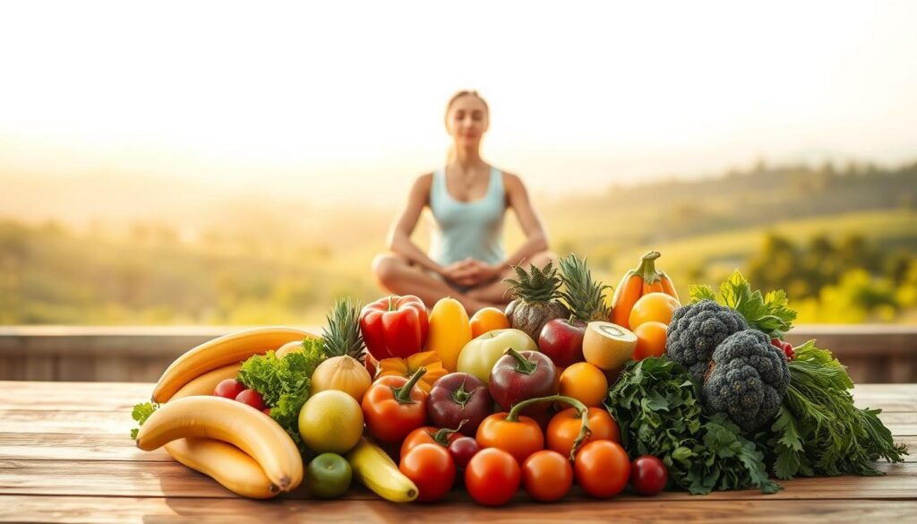 A serene and harmonious scene depicting the essential elements for a successful and healthy dietary regime. In the foreground, a bountiful array of vibrant, fresh fruits and vegetables arranged artfully on a wooden table, radiating a sense of nourishment and vitality. In the middle ground, a person sitting cross-legged, eyes closed, embodying the mindfulness and discipline required for sustainable dietary changes. In the background, a lush, verdant landscape with a warm, golden glow, symbolizing the holistic well-being achieved through a balanced, nutritious diet. The lighting is soft and diffused, creating a soothing, calming atmosphere. The overall composition conveys the importance of a comprehensive approach to healthy eating, encompassing both the physical and the mental aspects of successful dietary transformation. A serene and harmonious scene depicting the essential elements for a successful and healthy dietary regime. In the foreground, a bountiful array of vibrant, fresh fruits and vegetables arranged artfully on a wooden table, radiating a sense of nourishment and vitality. In the middle ground, a person sitting cross-legged, eyes closed, embodying the mindfulness and discipline required for sustainable dietary changes. In the background, a lush, verdant landscape with a warm, golden glow, symbolizing the holistic well-being achieved through a balanced, nutritious diet. The lighting is soft and diffused, creating a soothing, calming atmosphere. The overall composition conveys the importance of a comprehensive approach to healthy eating, encompassing both the physical and the mental aspects of successful dietary transformation.