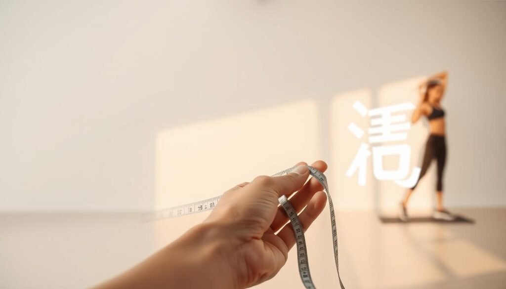 A serene and tranquil scene depicting the concept of "نتائج" (results). In the foreground, a soft focus on a woman's hand holding a measuring tape, symbolizing the process of tracking progress. The middle ground features a clean, minimalist background with a neutral color palette, allowing the focus to remain on the subject. The lighting is warm and natural, creating a calming atmosphere. In the background, a subtle silhouette of a woman exercising, hinting at the journey towards the desired results. The overall composition conveys a sense of patience, diligence, and the anticipation of seeing the fruits of one's labor. A serene and tranquil scene depicting the concept of "نتائج" (results). In the foreground, a soft focus on a woman's hand holding a measuring tape, symbolizing the process of tracking progress. The middle ground features a clean, minimalist background with a neutral color palette, allowing the focus to remain on the subject. The lighting is warm and natural, creating a calming atmosphere. In the background, a subtle silhouette of a woman exercising, hinting at the journey towards the desired results. The overall composition conveys a sense of patience, diligence, and the anticipation of seeing the fruits of one's labor.