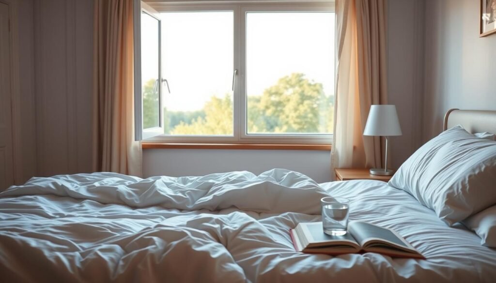 A serene bedroom scene with a comfortable mattress, soft bedding, and an open window revealing a tranquil outdoor landscape. Natural light filters in, casting a warm, diffused glow throughout the space. On the nightstand, a glass of water and a book suggest a calm, mindful bedtime routine. The overall atmosphere is one of relaxation and rejuvenation, inviting the viewer to imagine a healthy, restorative sleep that promotes weight loss. A serene bedroom scene with a comfortable mattress, soft bedding, and an open window revealing a tranquil outdoor landscape. Natural light filters in, casting a warm, diffused glow throughout the space. On the nightstand, a glass of water and a book suggest a calm, mindful bedtime routine. The overall atmosphere is one of relaxation and rejuvenation, inviting the viewer to imagine a healthy, restorative sleep that promotes weight loss.
