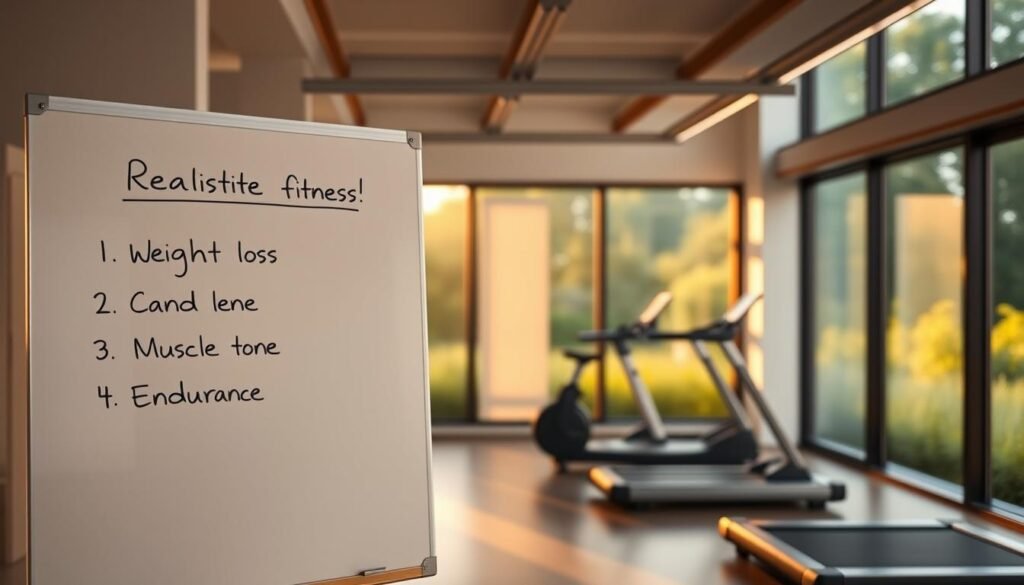A serene fitness studio with a sleek, minimalist design. In the foreground, a list of realistic fitness goals meticulously written on a whiteboard, including weight loss, muscle tone, and endurance. The middle ground features a treadmill and other exercise equipment bathed in soft, warm lighting, creating an inviting atmosphere. The background showcases large windows overlooking a lush, natural landscape, blending the indoor and outdoor environments. The overall scene conveys a sense of balance, attainability, and a holistic approach to personal wellness. A serene fitness studio with a sleek, minimalist design. In the foreground, a list of realistic fitness goals meticulously written on a whiteboard, including weight loss, muscle tone, and endurance. The middle ground features a treadmill and other exercise equipment bathed in soft, warm lighting, creating an inviting atmosphere. The background showcases large windows overlooking a lush, natural landscape, blending the indoor and outdoor environments. The overall scene conveys a sense of balance, attainability, and a holistic approach to personal wellness.