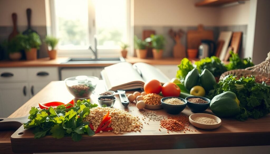 A serene kitchen scene with an abundance of fresh, wholesome ingredients arranged neatly on a wooden countertop. Sunlight filters through the window, casting a warm, inviting glow. In the foreground, a cutting board with freshly chopped vegetables, grains, and a variety of spices, suggesting the preparation of a nutritious meal. In the middle ground, a set of measuring cups and a cookbook open to a healthy recipe. The background features a minimalist, earthy-toned interior, emphasizing the importance of a balanced, sustainable diet. The overall atmosphere conveys a sense of mindfulness, simplicity, and a long-term commitment to a healthy lifestyle. A serene kitchen scene with an abundance of fresh, wholesome ingredients arranged neatly on a wooden countertop. Sunlight filters through the window, casting a warm, inviting glow. In the foreground, a cutting board with freshly chopped vegetables, grains, and a variety of spices, suggesting the preparation of a nutritious meal. In the middle ground, a set of measuring cups and a cookbook open to a healthy recipe. The background features a minimalist, earthy-toned interior, emphasizing the importance of a balanced, sustainable diet. The overall atmosphere conveys a sense of mindfulness, simplicity, and a long-term commitment to a healthy lifestyle.