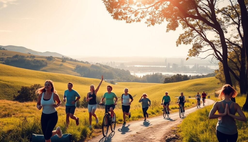 A serene landscape of rolling hills and lush greenery, with a winding path leading through the scene. Sunlight filters through the trees, casting a warm glow on the surroundings. In the foreground, a diverse group of people engaged in various forms of physical activity - jogging, cycling, and practicing yoga. Their expressions convey a sense of tranquility and well-being. In the middle ground, a picturesque lake reflects the scene, while in the background, a modern city skyline can be seen, symbolizing the balance between urban life and the pursuit of health and fitness. The overall atmosphere is one of harmony, inspiration, and the pursuit of a healthier lifestyle. A serene landscape of rolling hills and lush greenery, with a winding path leading through the scene. Sunlight filters through the trees, casting a warm glow on the surroundings. In the foreground, a diverse group of people engaged in various forms of physical activity - jogging, cycling, and practicing yoga. Their expressions convey a sense of tranquility and well-being. In the middle ground, a picturesque lake reflects the scene, while in the background, a modern city skyline can be seen, symbolizing the balance between urban life and the pursuit of health and fitness. The overall atmosphere is one of harmony, inspiration, and the pursuit of a healthier lifestyle.