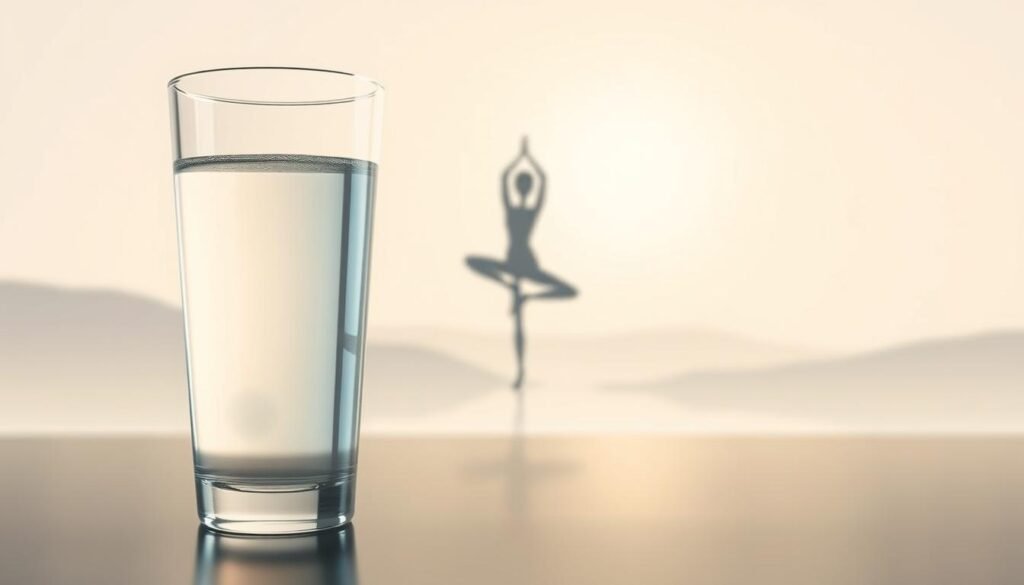 A serene, minimalist illustration depicting the role of water in the weight loss process. In the foreground, a glass of clear, refreshing water stands prominently, casting a soft, ambient glow. The middle ground features a slender, silhouetted figure performing a simple, relaxing yoga pose, symbolizing the connection between hydration and physical well-being. The background is a tranquil, watercolor-esque landscape, with gentle hills and a calming sky, conveying a sense of balance and inner peace. The lighting is soft and diffused, creating a calming, meditative atmosphere. The overall composition is clean, elegant, and focused on highlighting the importance of water in the weight loss journey. A serene, minimalist illustration depicting the role of water in the weight loss process. In the foreground, a glass of clear, refreshing water stands prominently, casting a soft, ambient glow. The middle ground features a slender, silhouetted figure performing a simple, relaxing yoga pose, symbolizing the connection between hydration and physical well-being. The background is a tranquil, watercolor-esque landscape, with gentle hills and a calming sky, conveying a sense of balance and inner peace. The lighting is soft and diffused, creating a calming, meditative atmosphere. The overall composition is clean, elegant, and focused on highlighting the importance of water in the weight loss journey.