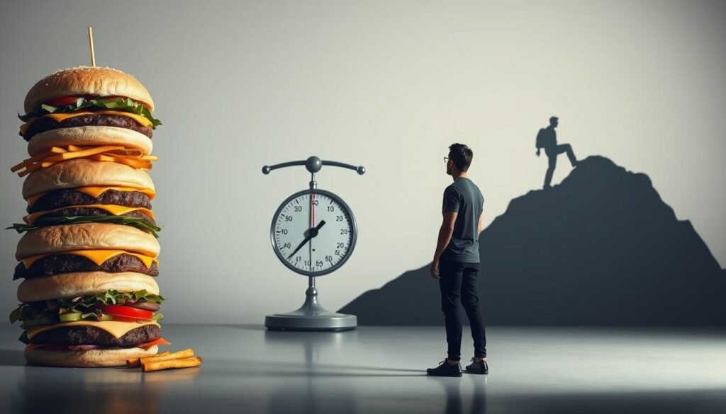 A serene, minimalist scene depicting the common challenges of weight loss. In the foreground, a person stands contemplatively, facing a towering stack of burgers and fries - temptations to overcome. The middle ground shows a scale, its needle wavering, hinting at the ups and downs of the journey. In the background, a silhouetted figure is climbing a steep mountain path, symbolizing the determination and perseverance required. Soft, diffused lighting casts a reflective mood, while the overall composition conveys a sense of introspection and the inner struggle of weight loss. A serene, minimalist scene depicting the common challenges of weight loss. In the foreground, a person stands contemplatively, facing a towering stack of burgers and fries - temptations to overcome. The middle ground shows a scale, its needle wavering, hinting at the ups and downs of the journey. In the background, a silhouetted figure is climbing a steep mountain path, symbolizing the determination and perseverance required. Soft, diffused lighting casts a reflective mood, while the overall composition conveys a sense of introspection and the inner struggle of weight loss.