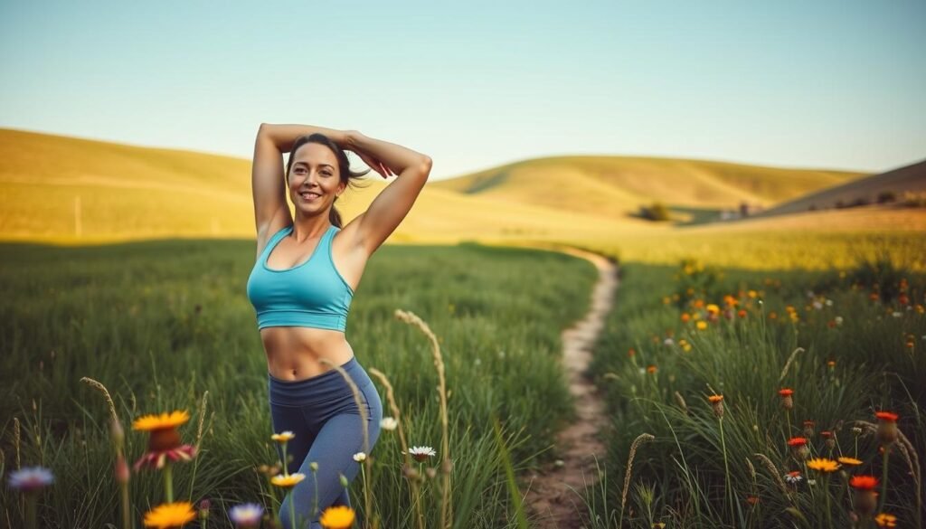 A serene, sun-dappled meadow with verdant grass and vibrant wildflowers. In the foreground, a woman in activewear stretches and prepares for a brisk jog, her expression determined yet content. The middle ground features a winding path through the lush greenery, suggesting a journey towards fitness and wellbeing. In the background, rolling hills and a clear blue sky create a sense of tranquility and possibility. Soft, diffused lighting casts a warm, natural glow over the scene, highlighting the woman's healthy, glowing skin. The overall mood is one of balance, vitality, and the empowering potential of gentle, sustainable weight loss. A serene, sun-dappled meadow with verdant grass and vibrant wildflowers. In the foreground, a woman in activewear stretches and prepares for a brisk jog, her expression determined yet content. The middle ground features a winding path through the lush greenery, suggesting a journey towards fitness and wellbeing. In the background, rolling hills and a clear blue sky create a sense of tranquility and possibility. Soft, diffused lighting casts a warm, natural glow over the scene, highlighting the woman's healthy, glowing skin. The overall mood is one of balance, vitality, and the empowering potential of gentle, sustainable weight loss.