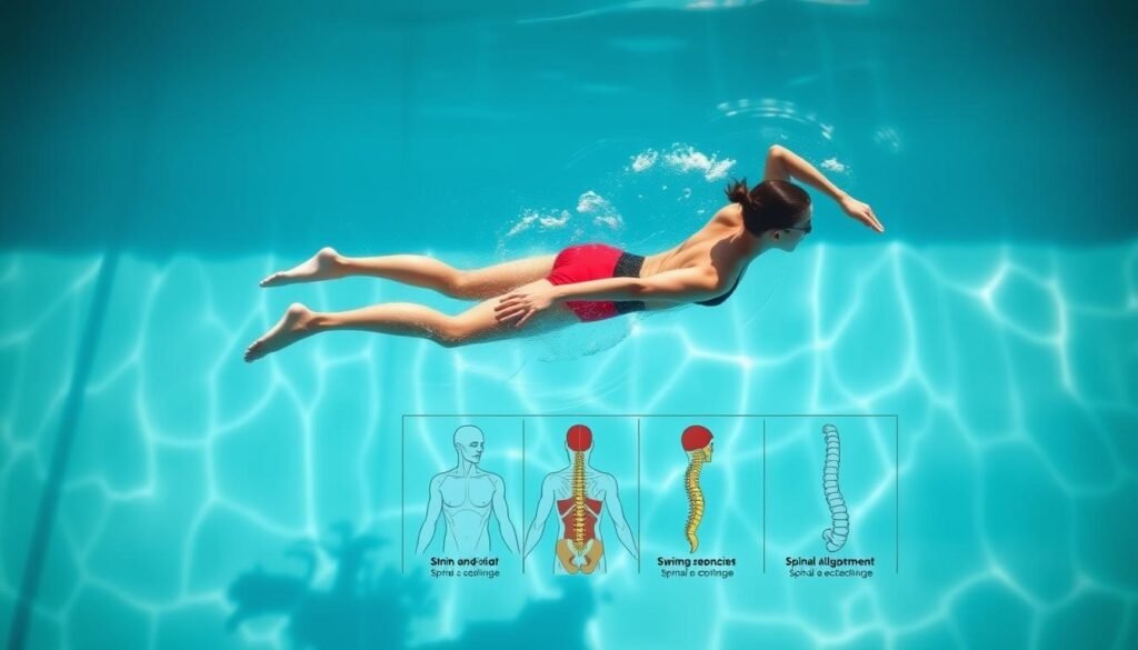 A serene swimming pool, its calm waters reflecting the overhead sunlight. In the foreground, a swimmer gracefully glides through the water, showcasing the proper techniques of stroke, kick, and body positioning. The swimmer's movements are fluid and controlled, emphasizing the connection between the body and the water. In the middle ground, a series of anatomical diagrams highlights the key muscle groups and spinal alignment engaged during the different swimming strokes, illustrating the benefits to the spine and overall physical well-being. The background features a tranquil, minimalist setting, allowing the focus to remain on the swimmer and the technical aspects of the exercise. The overall mood is one of balance, efficiency, and the therapeutic nature of aquatic activity. A serene swimming pool, its calm waters reflecting the overhead sunlight. In the foreground, a swimmer gracefully glides through the water, showcasing the proper techniques of stroke, kick, and body positioning. The swimmer's movements are fluid and controlled, emphasizing the connection between the body and the water. In the middle ground, a series of anatomical diagrams highlights the key muscle groups and spinal alignment engaged during the different swimming strokes, illustrating the benefits to the spine and overall physical well-being. The background features a tranquil, minimalist setting, allowing the focus to remain on the swimmer and the technical aspects of the exercise. The overall mood is one of balance, efficiency, and the therapeutic nature of aquatic activity.