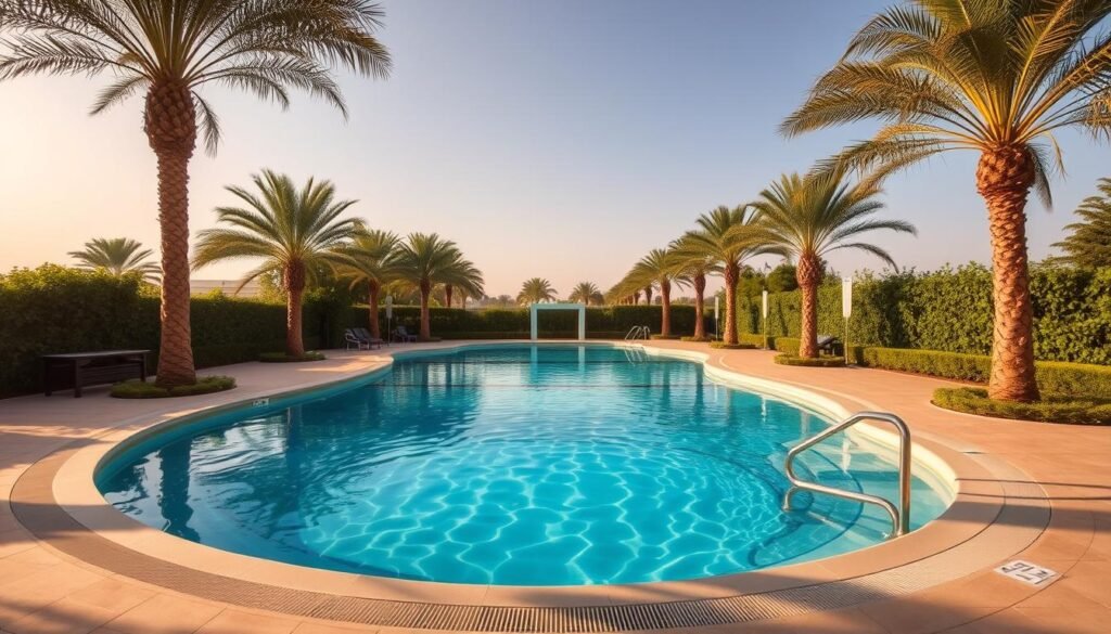 A serene swimming pool nestled amidst lush greenery, with crystal-clear waters reflecting the warm Saudi Arabian sun. The pool's inviting shape and size are tailored for comfortable, beginner-friendly swimming, perfect for those new to the sport. Gentle ripples on the surface create a soothing ambiance, while the pool's depth and access steps ensure safe, accessible entry. Surrounding the pool, a well-maintained deck provides ample space for relaxation and preparation, with ample shade from strategically placed palm trees. The overall scene evokes a sense of tranquility and rejuvenation, setting the stage for an enriching swimming experience. A serene swimming pool nestled amidst lush greenery, with crystal-clear waters reflecting the warm Saudi Arabian sun. The pool's inviting shape and size are tailored for comfortable, beginner-friendly swimming, perfect for those new to the sport. Gentle ripples on the surface create a soothing ambiance, while the pool's depth and access steps ensure safe, accessible entry. Surrounding the pool, a well-maintained deck provides ample space for relaxation and preparation, with ample shade from strategically placed palm trees. The overall scene evokes a sense of tranquility and rejuvenation, setting the stage for an enriching swimming experience.