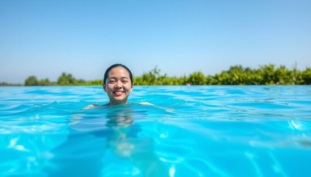 A serene swimming pool on a sunny day, its glistening azure waters reflecting the clear sky. In the foreground, a person gracefully glides through the water, their skilled strokes and smooth movements showcasing the benefits of regular swimming. The person's expression radiates a sense of calm and rejuvenation, highlighting the mental and physical well-being that swimming can provide. In the background, a verdant garden or lush greenery frames the scene, adding to the overall tranquil atmosphere. The lighting is soft and natural, accentuating the serenity of the moment. The composition captures the essence of swimming as a holistic pursuit that enriches both the body and the mind. A serene swimming pool on a sunny day, its glistening azure waters reflecting the clear sky. In the foreground, a person gracefully glides through the water, their skilled strokes and smooth movements showcasing the benefits of regular swimming. The person's expression radiates a sense of calm and rejuvenation, highlighting the mental and physical well-being that swimming can provide. In the background, a verdant garden or lush greenery frames the scene, adding to the overall tranquil atmosphere. The lighting is soft and natural, accentuating the serenity of the moment. The composition captures the essence of swimming as a holistic pursuit that enriches both the body and the mind.