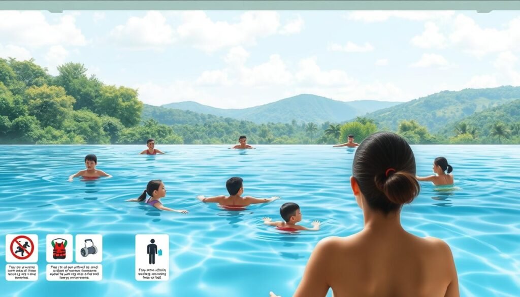 A serene swimming pool scene with crystal-clear water and a tranquil atmosphere. In the foreground, detailed illustrations depict various safety guidelines for swimmers, such as life jackets, no diving signs, and emergency equipment. The middle ground showcases swimmers of diverse ages and abilities practicing safe behaviors like staying within designated areas and keeping an eye on children. The background features a lush, natural landscape with verdant foliage and a picturesque sky, creating a calming, health-conscious ambiance. Lighting is soft and diffused, capturing the essence of a secure, wellness-focused swimming environment. A serene swimming pool scene with crystal-clear water and a tranquil atmosphere. In the foreground, detailed illustrations depict various safety guidelines for swimmers, such as life jackets, no diving signs, and emergency equipment. The middle ground showcases swimmers of diverse ages and abilities practicing safe behaviors like staying within designated areas and keeping an eye on children. The background features a lush, natural landscape with verdant foliage and a picturesque sky, creating a calming, health-conscious ambiance. Lighting is soft and diffused, capturing the essence of a secure, wellness-focused swimming environment.