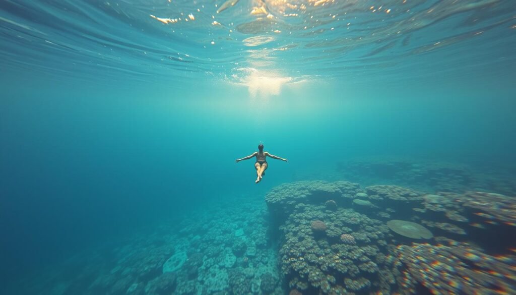 A serene, underwater scene depicting the psychological benefits of swimming to alleviate stress and anxiety. In the foreground, a person gracefully glides through the calm, azure waters, their movements fluid and effortless. The middle ground showcases a vibrant, coral reef teeming with colorful marine life, symbolizing the rejuvenating and meditative aspects of swimming. In the background, shafts of warm, golden light filter through the water, creating a soothing, tranquil atmosphere. The overall composition conveys a sense of weightlessness, tranquility, and mental well-being, reflecting the mental and emotional advantages of swimming. A serene, underwater scene depicting the psychological benefits of swimming to alleviate stress and anxiety. In the foreground, a person gracefully glides through the calm, azure waters, their movements fluid and effortless. The middle ground showcases a vibrant, coral reef teeming with colorful marine life, symbolizing the rejuvenating and meditative aspects of swimming. In the background, shafts of warm, golden light filter through the water, creating a soothing, tranquil atmosphere. The overall composition conveys a sense of weightlessness, tranquility, and mental well-being, reflecting the mental and emotional advantages of swimming.