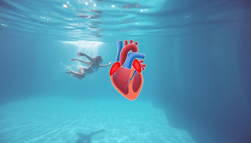 A serene underwater scene showcasing the benefits of swimming for heart and cardiovascular health. In the foreground, a person gracefully swimming through crystal-clear water, their body flowing with effortless motion. The middle ground features a cutaway diagram of the human heart, its chambers and vessels expanding and contracting in a rhythmic dance. In the background, a soft, diffused light filters through the water, creating a tranquil, contemplative atmosphere. The image conveys the synergy between physical activity, cardiovascular fitness, and overall well-being. A serene underwater scene showcasing the benefits of swimming for heart and cardiovascular health. In the foreground, a person gracefully swimming through crystal-clear water, their body flowing with effortless motion. The middle ground features a cutaway diagram of the human heart, its chambers and vessels expanding and contracting in a rhythmic dance. In the background, a soft, diffused light filters through the water, creating a tranquil, contemplative atmosphere. The image conveys the synergy between physical activity, cardiovascular fitness, and overall well-being.