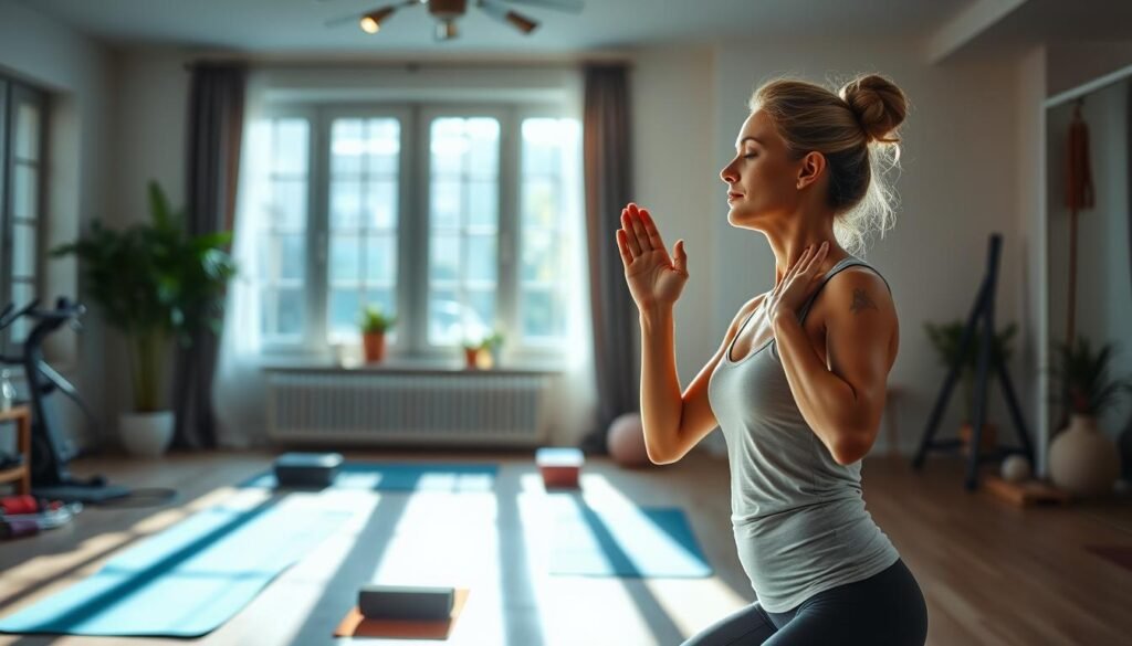 A serene, well-lit home gym setting with a graceful woman demonstrating proper posture and breathing techniques for body-shaping exercises. The foreground shows her inhaling deeply, hands raised gently. The middle ground features exercise equipment like yoga mats and resistance bands. In the background, sunlight filters through large windows, creating a calming, natural ambiance. The overall mood is one of tranquility, mindfulness, and a holistic approach to fitness and wellness. A serene, well-lit home gym setting with a graceful woman demonstrating proper posture and breathing techniques for body-shaping exercises. The foreground shows her inhaling deeply, hands raised gently. The middle ground features exercise equipment like yoga mats and resistance bands. In the background, sunlight filters through large windows, creating a calming, natural ambiance. The overall mood is one of tranquility, mindfulness, and a holistic approach to fitness and wellness.
