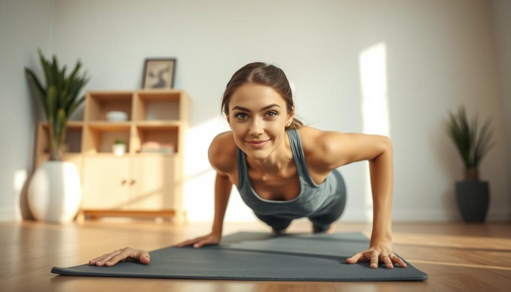 A serene, well-lit home gym setting with a young woman performing a plank exercise on a yoga mat. Her expression is focused yet relaxed, showcasing the proper form for a beginner-level core-strengthening workout. The background features minimal decor, allowing the subject to be the central focus. Soft, natural lighting illuminates the scene, creating a calming atmosphere. The camera angle is slightly elevated, capturing the exercise from a slightly bird's-eye view to provide a clear view of the technique. The overall composition conveys a sense of simplicity, guidance, and approachability for those new to core-strengthening exercises. A serene, well-lit home gym setting with a young woman performing a plank exercise on a yoga mat. Her expression is focused yet relaxed, showcasing the proper form for a beginner-level core-strengthening workout. The background features minimal decor, allowing the subject to be the central focus. Soft, natural lighting illuminates the scene, creating a calming atmosphere. The camera angle is slightly elevated, capturing the exercise from a slightly bird's-eye view to provide a clear view of the technique. The overall composition conveys a sense of simplicity, guidance, and approachability for those new to core-strengthening exercises.