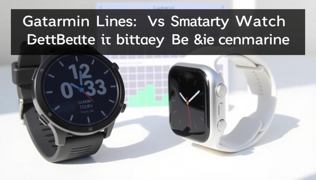 A side-by-side comparison of a Garmin and an Apple smartwatch, showcasing their battery life performance. In the foreground, the two watches are displayed prominently, their sleek designs and digital displays accentuated by natural lighting. The middle ground features a subtle grid or chart, hinting at the technical data and analysis that will be the focus of the article's "Battery Life and Performance" section. The background is a clean, minimalist setting, allowing the watches and the data visualization to take center stage. The overall mood is one of an objective, technical evaluation, with a touch of sophistication and attention to detail. A side-by-side comparison of a Garmin and an Apple smartwatch, showcasing their battery life performance. In the foreground, the two watches are displayed prominently, their sleek designs and digital displays accentuated by natural lighting. The middle ground features a subtle grid or chart, hinting at the technical data and analysis that will be the focus of the article's "Battery Life and Performance" section. The background is a clean, minimalist setting, allowing the watches and the data visualization to take center stage. The overall mood is one of an objective, technical evaluation, with a touch of sophistication and attention to detail.