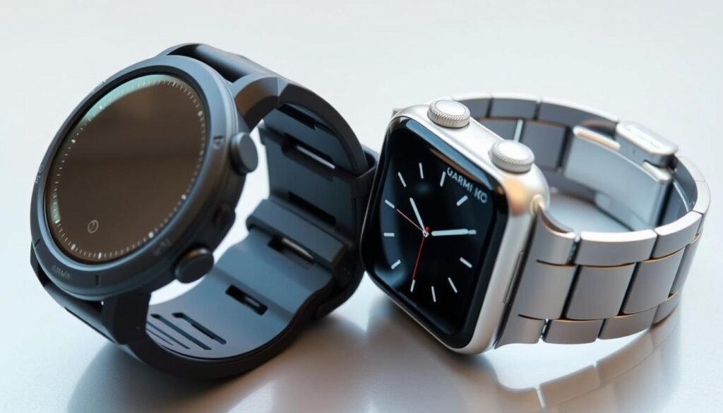 A side-by-side comparison of a sleek, modern Garmin smartwatch and a minimalist, stainless steel Apple Watch. The Garmin displays a robust, rugged exterior with prominent buttons, while the Apple Watch features a clean, streamlined design with a digital crown. Soft, diffused lighting illuminates the scene, highlighting the intricate textures and materials of each timepiece. The watches are positioned on a neutral, reflective surface, allowing their distinctive styles to take center stage. The composition emphasizes the design differences and construction quality of these two premium wearable devices. A side-by-side comparison of a sleek, modern Garmin smartwatch and a minimalist, stainless steel Apple Watch. The Garmin displays a robust, rugged exterior with prominent buttons, while the Apple Watch features a clean, streamlined design with a digital crown. Soft, diffused lighting illuminates the scene, highlighting the intricate textures and materials of each timepiece. The watches are positioned on a neutral, reflective surface, allowing their distinctive styles to take center stage. The composition emphasizes the design differences and construction quality of these two premium wearable devices.