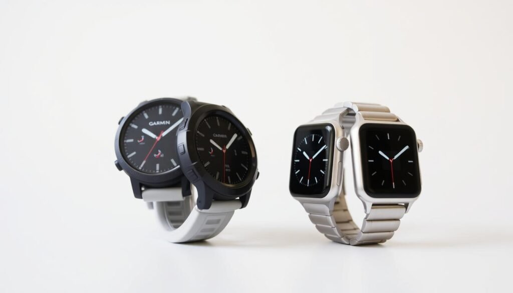 A side-by-side comparison of the Garmin Fenix 7 and Apple Watch Ultra 2, showcased against a clean, minimalist backdrop. The Fenix 7, with its rugged, adventure-ready design, stands tall, its premium materials and advanced sports tracking features evident. Beside it, the sleek and modern Apple Watch Ultra 2 gleams, its larger display and sophisticated titanium case hinting at its multifunctional capabilities. The lighting is soft and even, highlighting the intricate details and premium quality of both wearables. The overall composition emphasizes the contrast and competition between these two leading smartwatch titans, inviting the viewer to discover their unique strengths and cater to different user preferences. A side-by-side comparison of the Garmin Fenix 7 and Apple Watch Ultra 2, showcased against a clean, minimalist backdrop. The Fenix 7, with its rugged, adventure-ready design, stands tall, its premium materials and advanced sports tracking features evident. Beside it, the sleek and modern Apple Watch Ultra 2 gleams, its larger display and sophisticated titanium case hinting at its multifunctional capabilities. The lighting is soft and even, highlighting the intricate details and premium quality of both wearables. The overall composition emphasizes the contrast and competition between these two leading smartwatch titans, inviting the viewer to discover their unique strengths and cater to different user preferences.