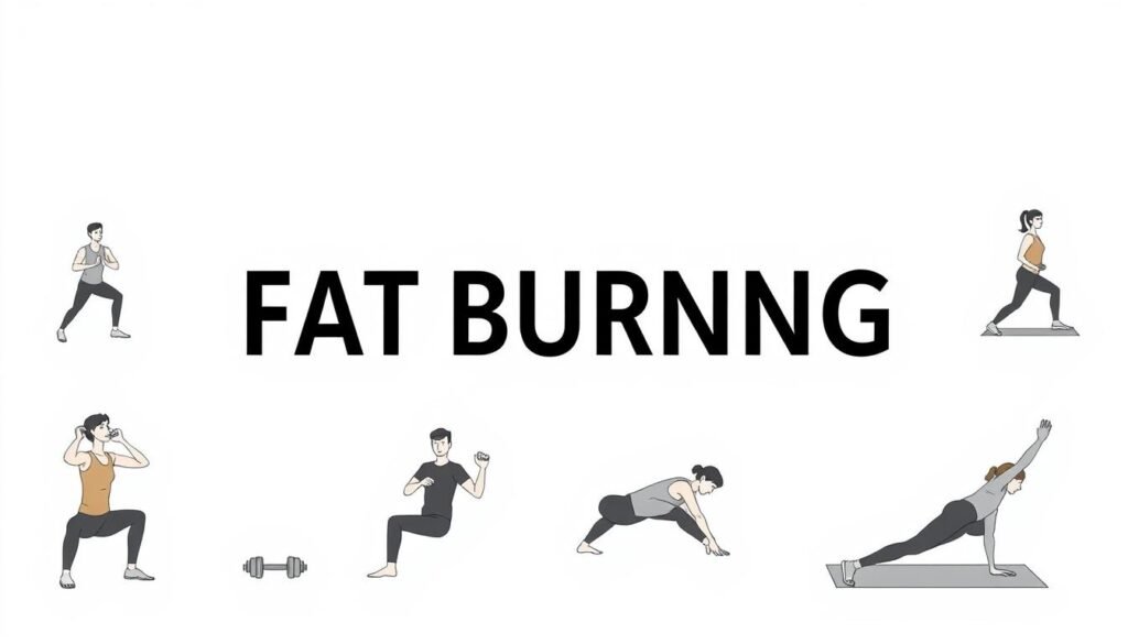 A simple, clean-lined illustration of several beginner-friendly fat-burning exercises. The foreground features a diverse group of people performing a variety of workouts, such as squats, lunges, planks, and jumping jacks, against a plain, minimalist background. The figures are depicted in clean, crisp lines with a muted color palette, conveying a sense of focus and effort. The middle ground showcases essential exercise equipment like dumbbells, resistance bands, and yoga mats. The background is a serene, uncluttered setting, allowing the exercises to take center stage. The overall mood is motivating and accessible, encouraging beginners to engage in simple, effective fat-burning workouts. A simple, clean-lined illustration of several beginner-friendly fat-burning exercises. The foreground features a diverse group of people performing a variety of workouts, such as squats, lunges, planks, and jumping jacks, against a plain, minimalist background. The figures are depicted in clean, crisp lines with a muted color palette, conveying a sense of focus and effort. The middle ground showcases essential exercise equipment like dumbbells, resistance bands, and yoga mats. The background is a serene, uncluttered setting, allowing the exercises to take center stage. The overall mood is motivating and accessible, encouraging beginners to engage in simple, effective fat-burning workouts.